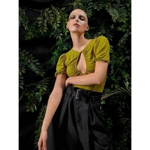 SHEIN X SATINE Size M Ruched Keyhole Cut Out Front Puff Sleeve Tee Army‎ Green